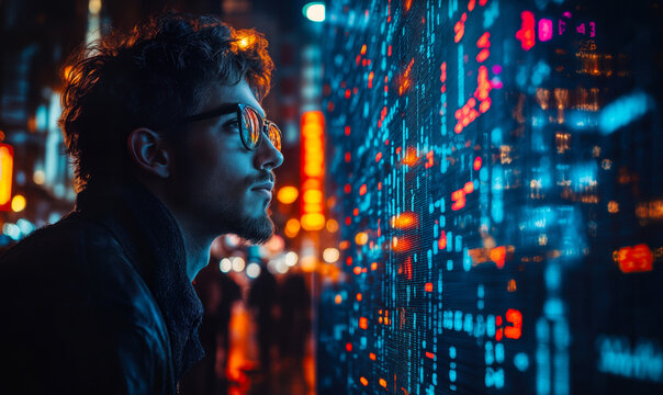 Young man with glasses analyzing glowing digital data and financial codes on transparent screen in futuristic city at night