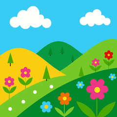 Fototapeta premium Vibrant cartoon landscape with rolling hills and flowers