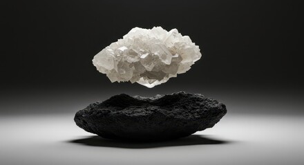 Floating white crystal cluster above dark volcanic rock