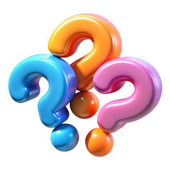 Three colorful inflatable question marks clustered together isolated on transparent background