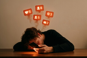 Man overwhelmed by social media notifications with head down on phone  