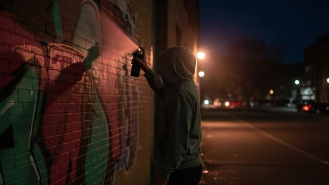 Urban artist creating vibrant graffiti art on a brick wall at night, street atmosphere