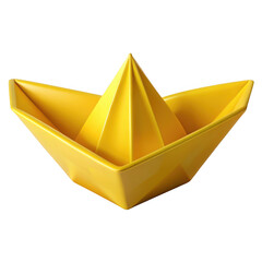A bright yellow origami paper boat sailing on a dark background isolated on transparent background