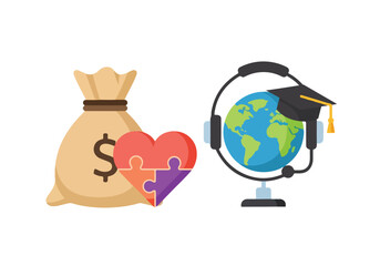 Money Bag with Interlocking Puzzle Heart and Global Education Concept.