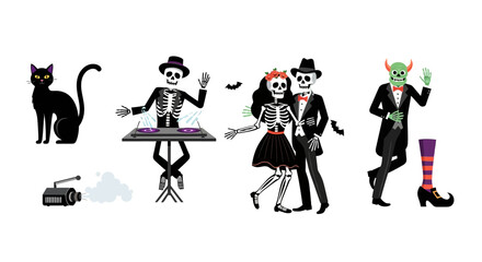 Halloween party illustration set. Skeleton DJ, dancing skeleton couple, black cat, green demon in a suit, witch shoes, and smoke machine. Spooky festive elements concept. Vector clip art.
