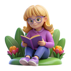 Cute cartoon girl wearing glasses reading a book surrounded by plants isolated on transparent background