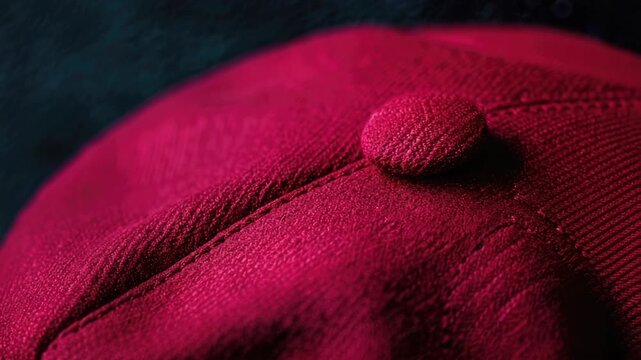 A close-up shot of a red hat with a distinctive button on top