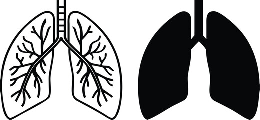 Lungs Icons. Black And White Vector Illustration. Paired Organs Of The Respiratory System Located In The Chest Cavity. Human Organs. Concept Anatomy
