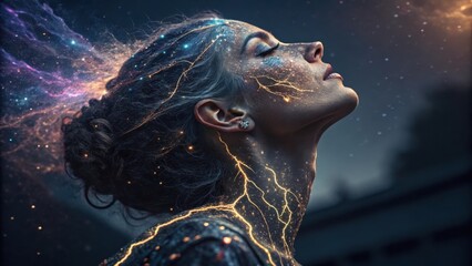 Woman s head tilts back absorbing cosmic energy and starlight