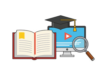 Open Book Computer Monitor Magnifying Glass and Graduation Cap Illustration.