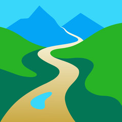 Winding path through rolling green hills towards blue mountains