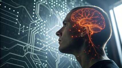 Obraz premium Man s futuristic brain connected to digital network and circuitry