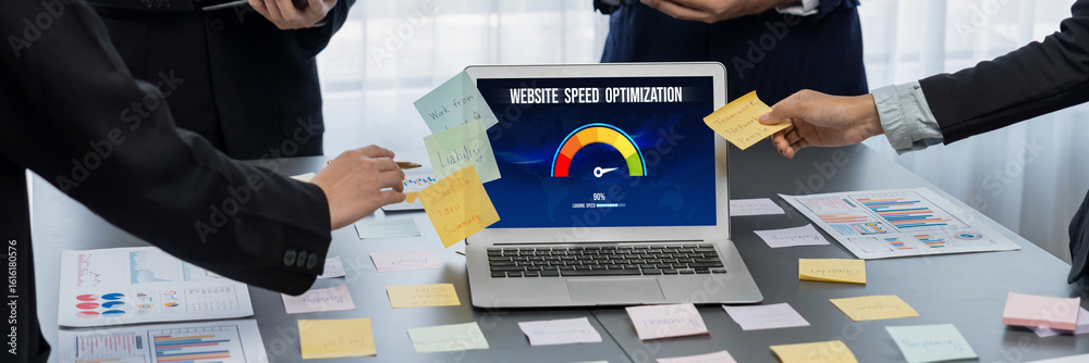 Poster computer software evaluating website loading speed. concept of improving website loading speed brisk