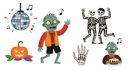 Fototapeta premium Halloween party illustration set. Includes dancing skeletons, a zombie character, pumpkin lantern, disco ball, skeleton hand, and cake. Spooky celebration concept. Vector illustration.