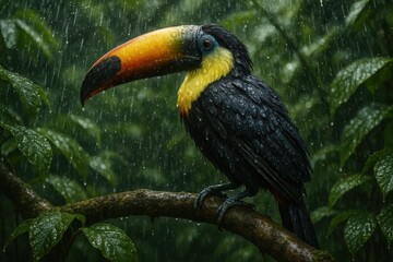 Obraz premium Exotic Toucan Bird in Tropical Rainforest Surrounded by Lush Greenery