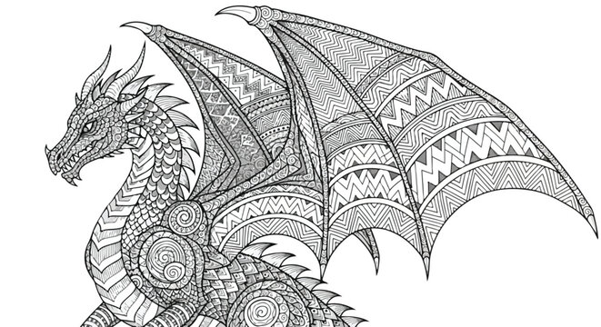 Intricate Zentangle Dragon with Geometric Wings.