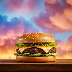 Divine Hamburger Feast With The Sky At Sunset