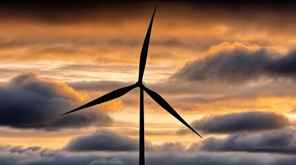 Silhouette of a Wind Turbine Against a Dramatic Sunset Sky Filled with Colorful Clouds