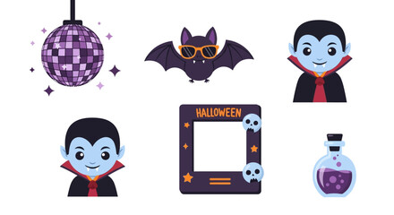 Halloween-themed illustration set. Includes cute vampire characters, bat with sunglasses, disco ball, Halloween frame, and potion bottle. Spooky seasonal graphics for decorations and designs.