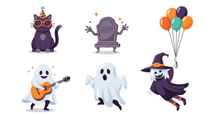 Halloween icon set. Cartoon characters including a black cat, tombstone, ghosts playing guitar and surprised, and a witch flying with balloons. Holiday fun concept. Vector illustration.
