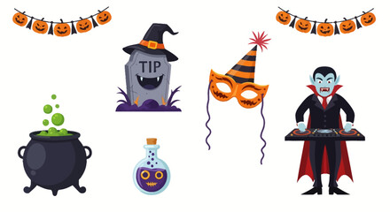 Halloween festive icon set. Includes elements such as pumpkin banner, bubbling cauldron, grave marker, potion bottle, masquerade mask, and vampire character at DJ booth. Party decoration concept.
