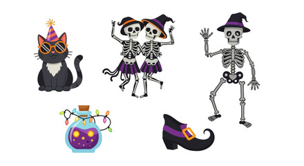Halloween icon set. Festive illustrations of a black cat wearing party hat, dancing skeletons with witch hats, potion bottle with fairy lights, and witch shoe. Holiday celebration concept.