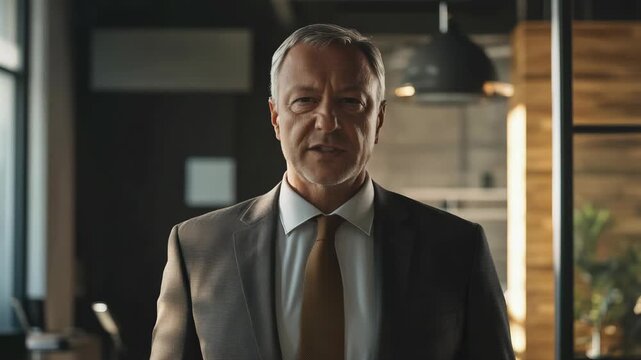 Middle-aged man in business attire standing confidently with hands clasped, in modern office setting.