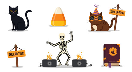 Halloween icon set. Includes a dancing skeleton, festive cats, candy corn, trick-or-treat signs, and a spooky spellbook. Holiday celebration concept. Vector illustration.