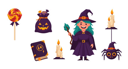 Halloween illustration set. Witch character in costume with magic wand, decorative elements include lollipop, jack-o-lantern bag, candles, spellbook, and spider. Holiday celebration concept.