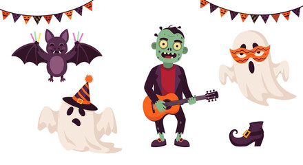 Halloween illustration set. Cartoon zombie playing guitar, ghost characters in masks, witch hat, bat holding glow sticks, spooky shoe, and bunting decorations. Festive holiday design. Vector art.