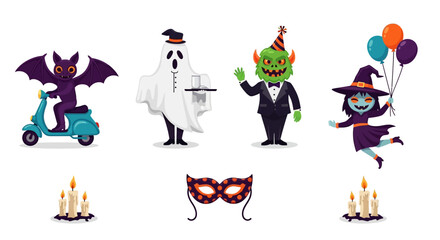 Halloween character and decoration set. Bat rides a scooter, ghost serves drinks, monster waves in tuxedo, witch holding balloons dances. Festive candles and masquerade mask. Holiday concept.