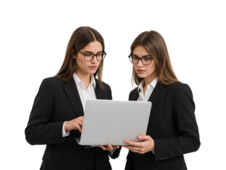 Two Focused Businesswomen Collaborating on Laptop Project with Isolated Transparent Background