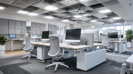 high-tech startup office interior, standing desks, large computer monitors, clean white and grey theme, acoustic panels, tech gadgets on desks, modern lighting, productivity vibe