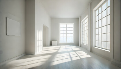 An empty room with white walls, spacious and minimalistic.
