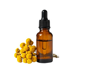 Natural amber dropper bottle with yellow botanicals, perfect for essential oils and skincare.