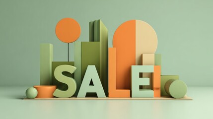 3D geometric design of SALE text with orange and green elements  