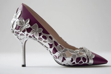Elegant purple high heeled shoes with silver floral designs.