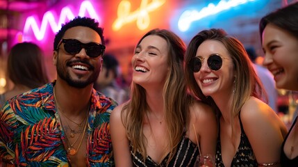 Group of Friends Laughing Together at a Vibrant Neon Lit Party in a Trendy Bar