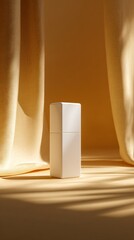 Minimalist white bottle on sandy background with soft light shadows  