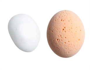 Two textured spheres, one smooth white, one porous peach, showcasing contrasting surfaces and materials