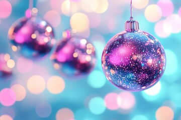 Fototapeta premium Festive christmas ornaments with vibrant bokeh background.