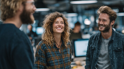 Team members enjoy a light-hearted conversation during a creative brainstorming session in a modern office environment
