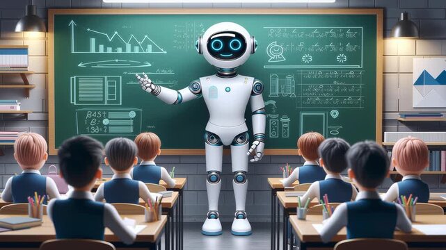Robot teacher explaining lesson to children in futuristic classroom