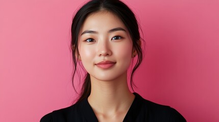 Close-up portrait of a young woman against a vibrant pink backdrop.