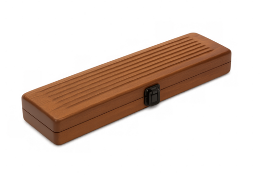 Wooden storage case with secure locking mechanism, displaying polished craftsmanship against clean transparent backdrop