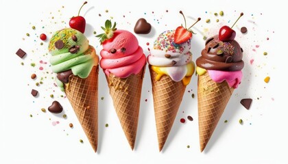 Colorful ice creams in waffle cones on white background.
