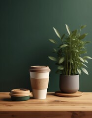 Coffee cup on wooden table and green plant on window background