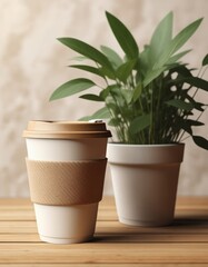 Coffee cup on wooden table and green plant on window background