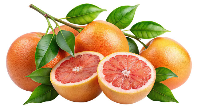 Vibrant ruby red grapefruits with fresh green leaves on a dark background showcasing juicy halves