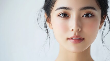 Close-up portrait of a woman with flawless skin.